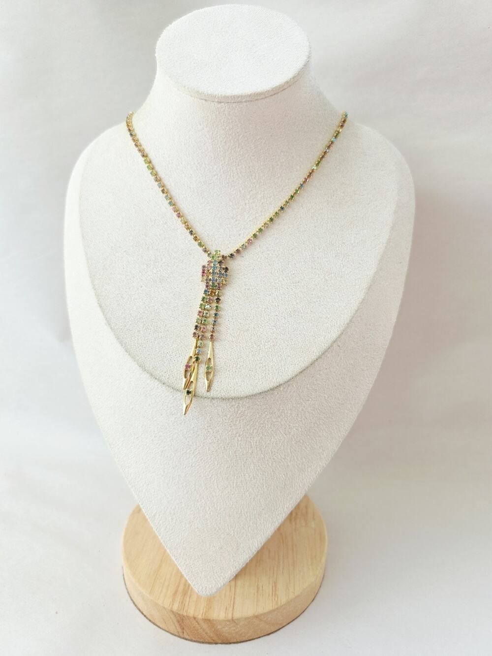 Vintage Crystal rainbow multicolor Rhinestones Necklace Blue Gold Regency Glam